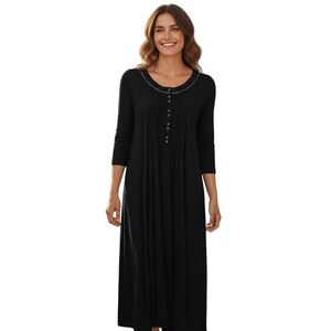 Eileen West Modal Black Long Sleeve Nightgown Pajama Dress Women's Medium Button